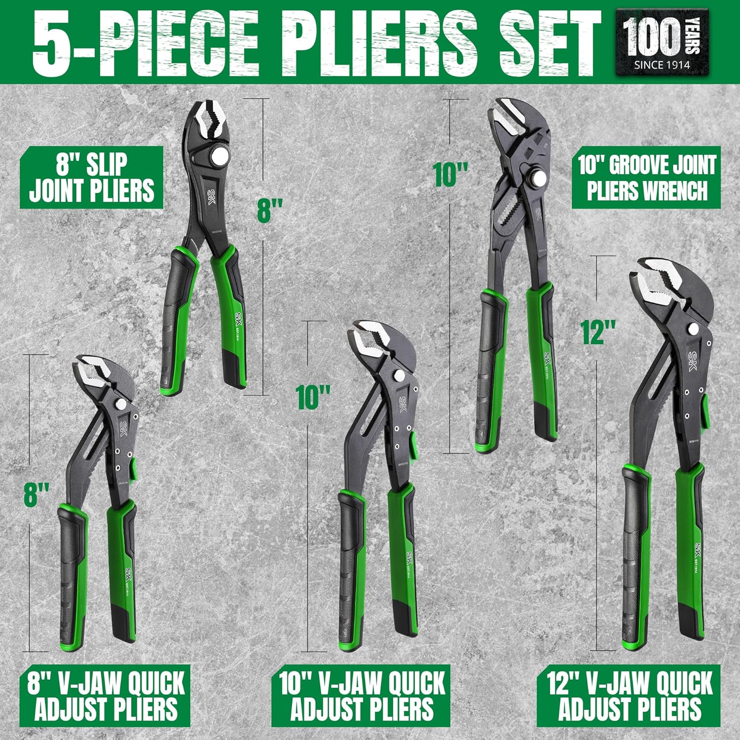 5-Piece Pliers Set, 8" Adjustable Joint, 8", 10" and 12" Quick Adjust V-Jaw Groove Joint, 10" Pliers Wrench, Premium