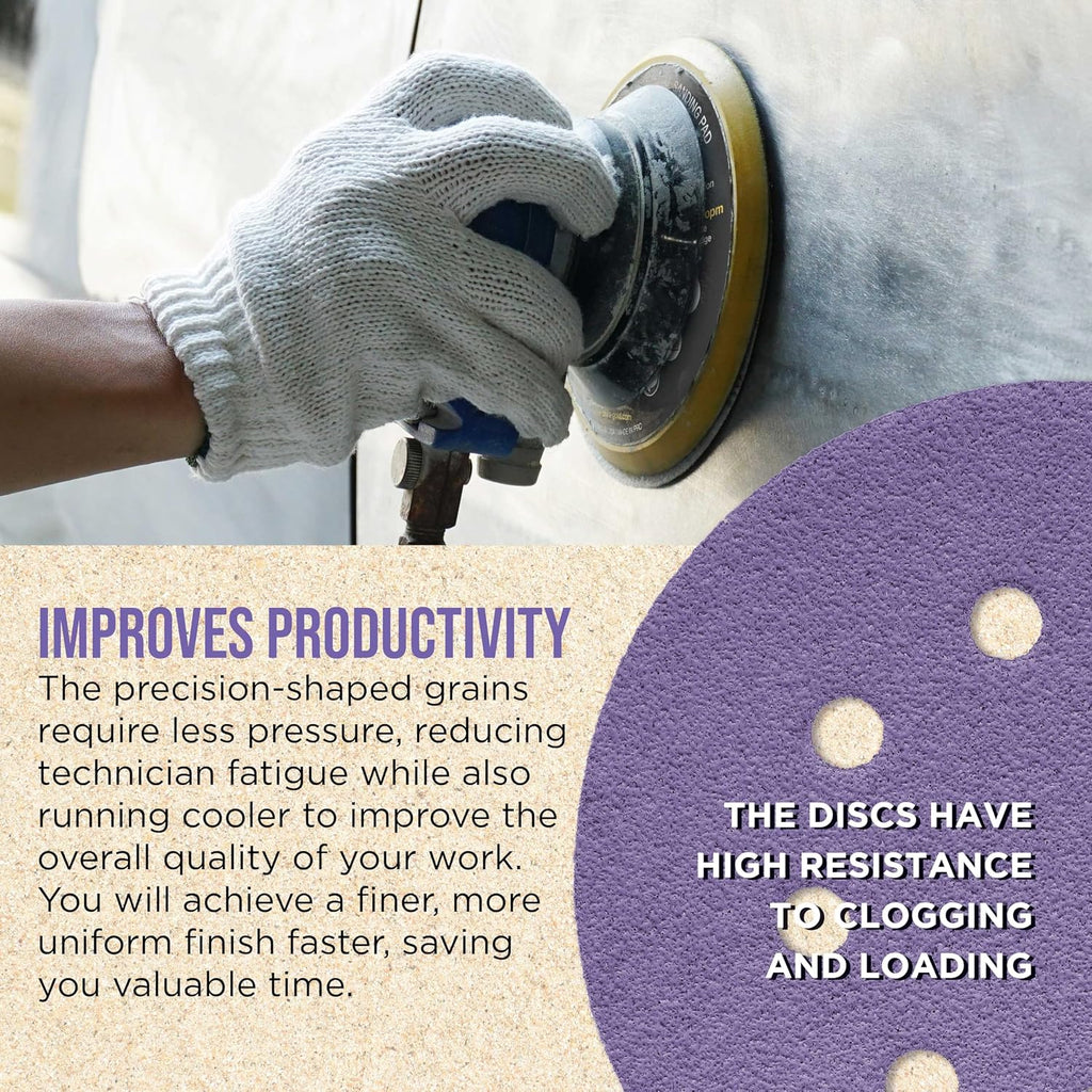 Premium 5" Purple Film Ceramic Sanding Discs, 8-Hole Pattern, 50 Disc Variety Pack, Grits 60, 80, 120, 180, 220, 320