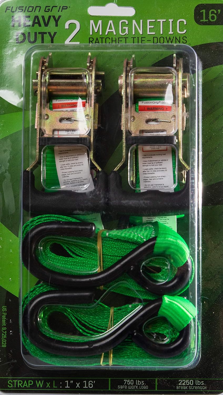 1" x 16' (2 Pack) Ratchet Strap with Magnetic Hook