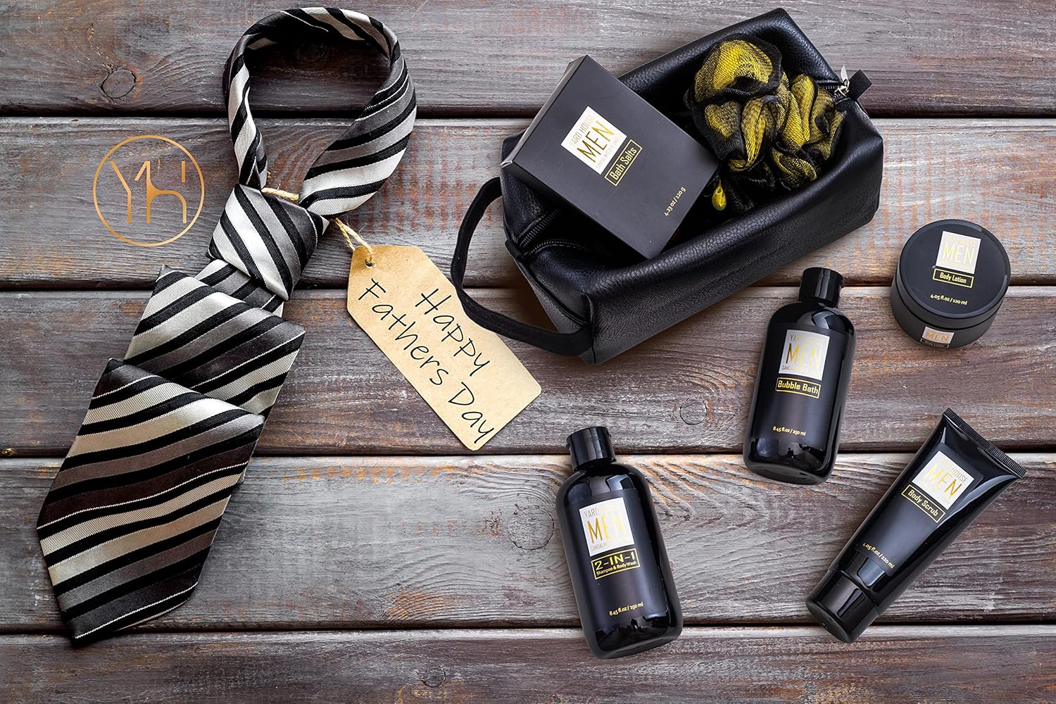 Bath and Body Spa Gift Baskets Set for Men - Sandalwood Amber - 7Pc Full Size Spa Kit in Toiletry Bag - Fathers Day