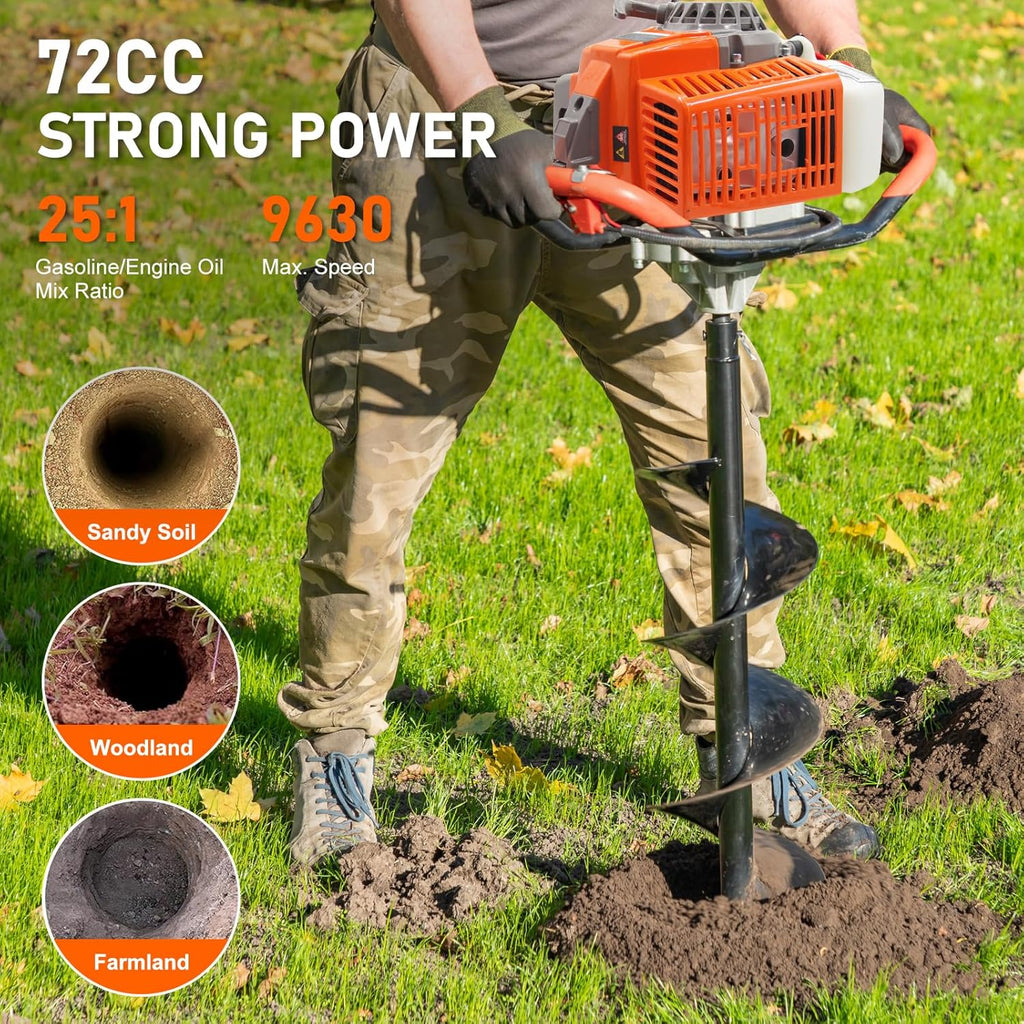 72CC Gas Powered Post Hole Digger with 3 Drill Bits (4", 6", 12") & 2 Ext | 2-Stroke Earth Auger, LightWeight