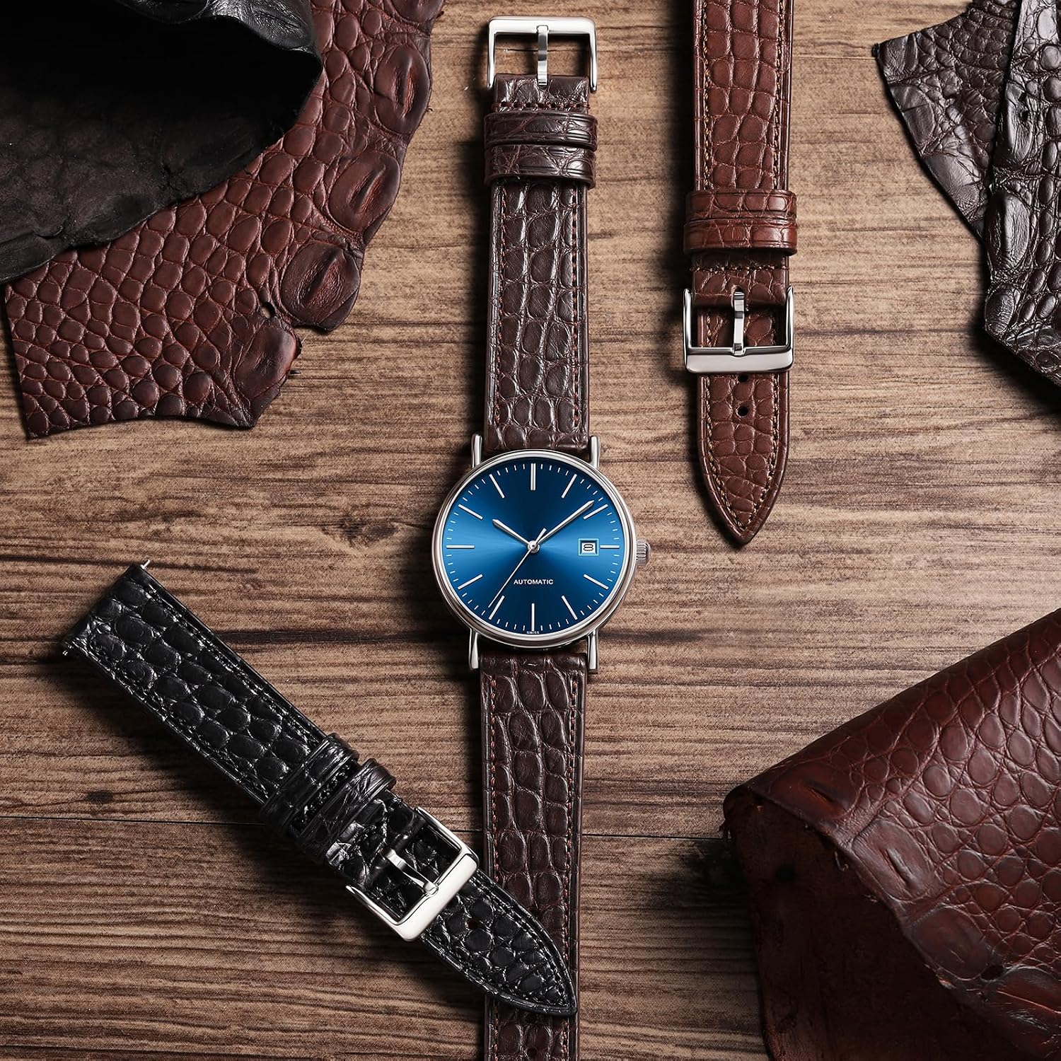 Genuine Alligator Leather Watch Band, Crocodile Grain Strap with Quick Release, Replacement Watch Strap for Men and