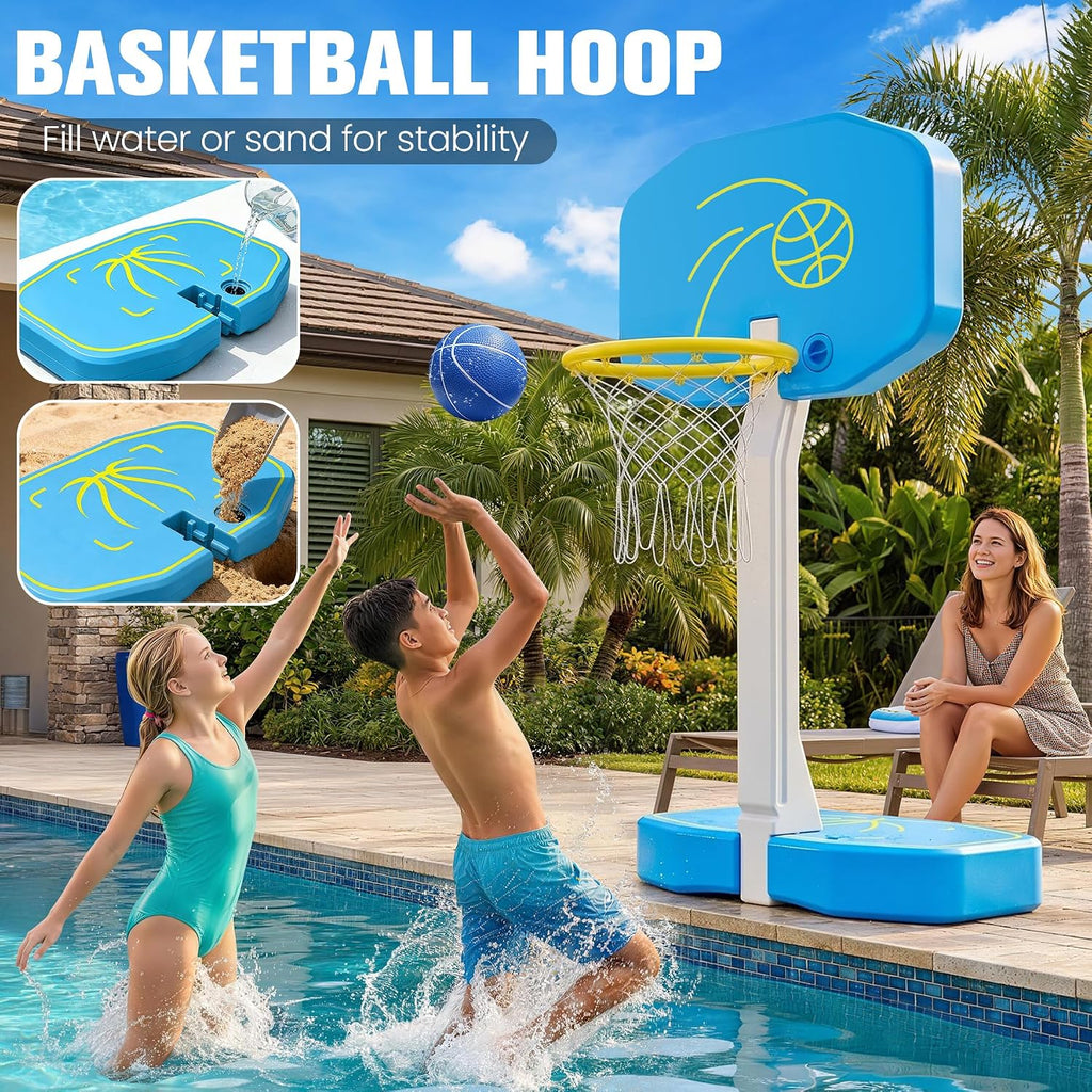 2-in-1 Pool Basketball Hoop & Pool Volleyball Net w/3 Balls | Poolside Basketball Hoop for Swimming Pool