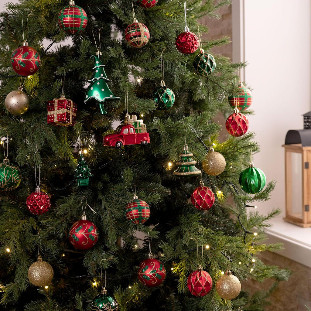 Christmas Tree Ornaments Set, 155ct Red Green and Gold Shatterproof Christmas Tree Decorations Bulk, Traditional