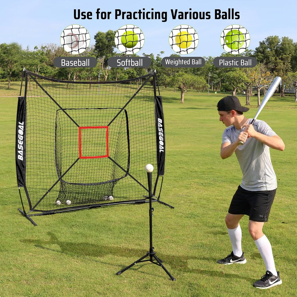 7x7ft Baseball Practice Net with Batting Tee,Caddy and Strike Zone | Baseball backstop net with 7-strand knotless