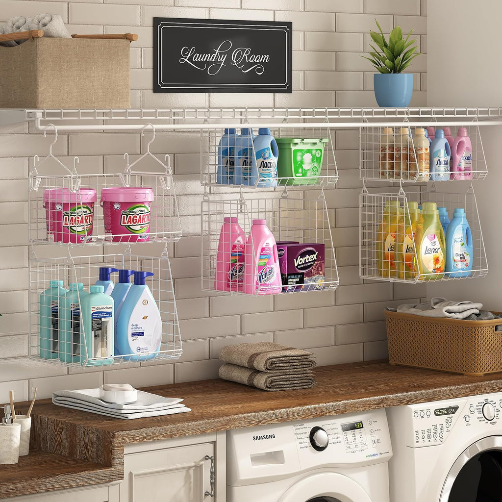 4-Tier Hanging Laundry Room Organizer: Foldable Wire Shelf Basket with 2 Large Hooks 1.65" & 360°Rotating Hooks –