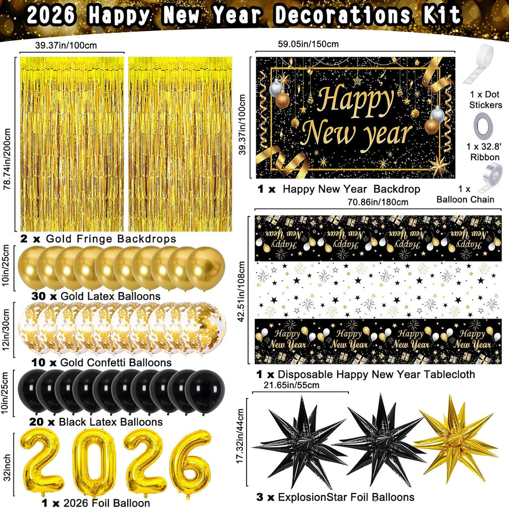 Happy New Year Decorations 2026, New Years Eve Party Supplies 2026 Black and Gold Happy New Year Banner Backdrop New
