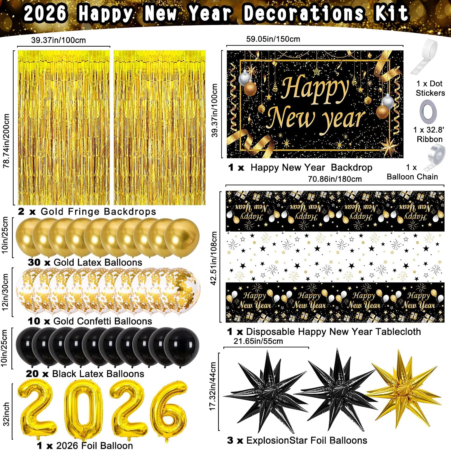 Happy New Year Decorations 2026, New Years Eve Party Supplies 2026 Black and Gold Happy New Year Banner Backdrop New