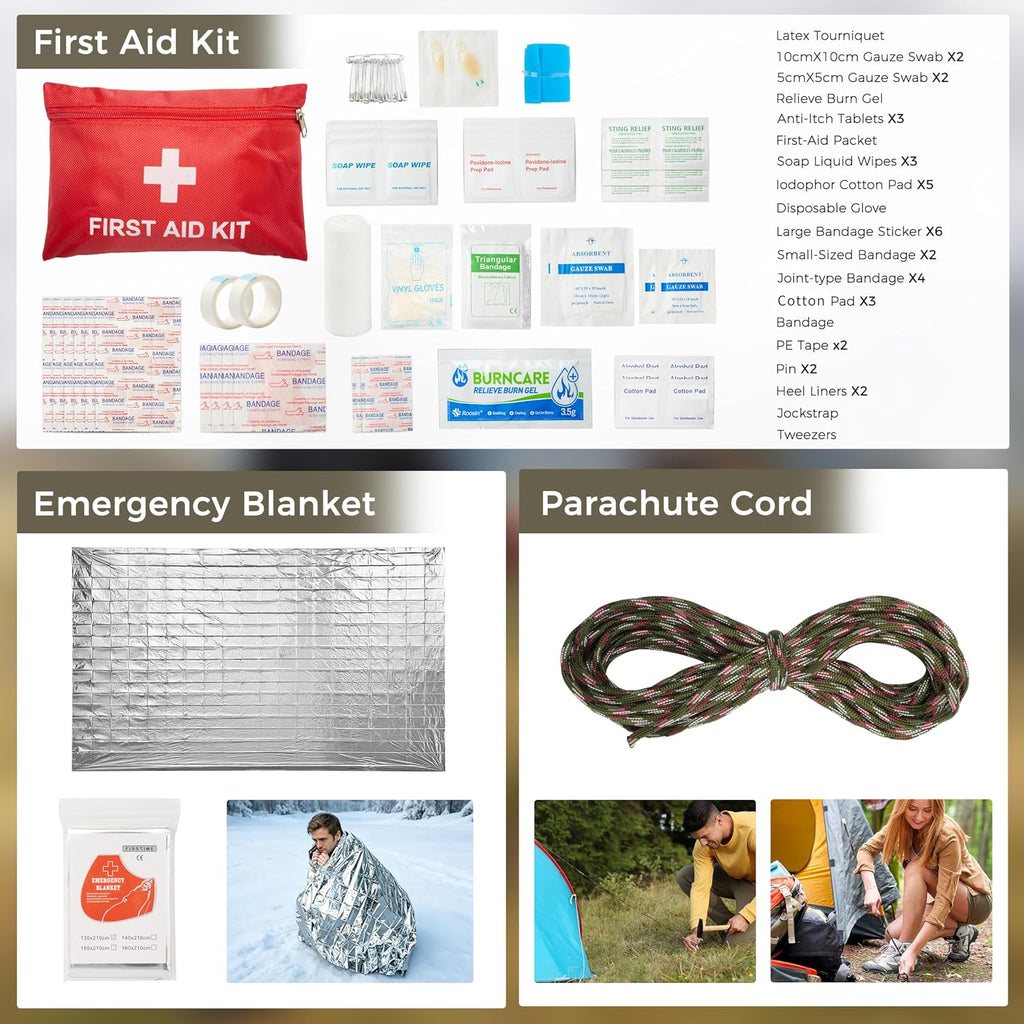 Survival Kit, 246Pcs Emergency Survival Gear with First Aid Kit, Tactical Bag, Camping Axe, Folding Shovel & Solo