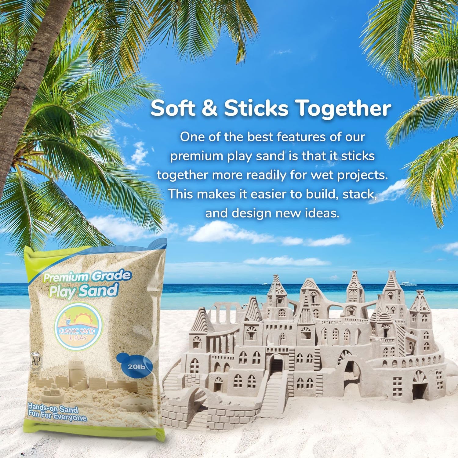 Classic Sand and Play Sand for Sandbox, Table, Therapy, and Outdoor Use, 20 lb. Bag, Natural, Non-Toxic, Wet Castle