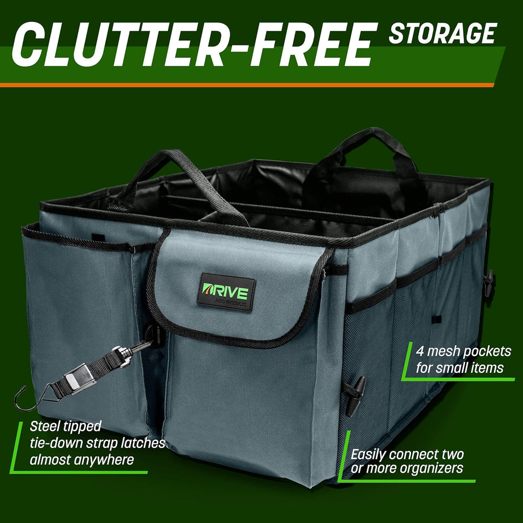 Car Trunk Organizer - Collapsible, Multi-Compartment Automotive SUV Car Organizer for Storage w/Adjustable Straps