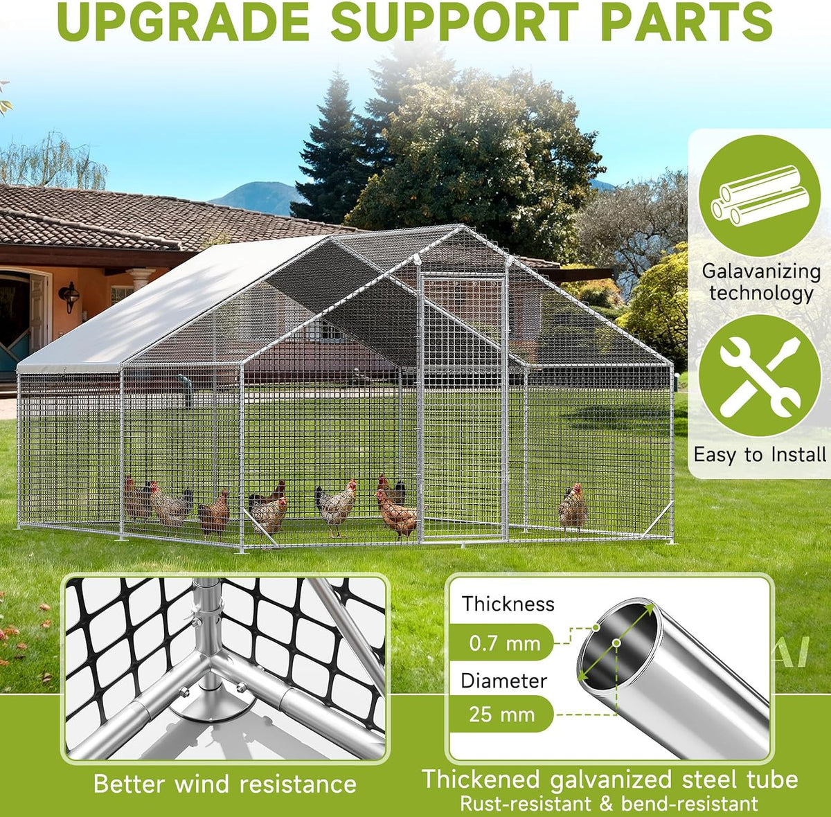 Large Walk-in Chicken Coop with Chicken Run, Galvanized Poultry Enclosure with Waterproof Anti-UV Cover and Security