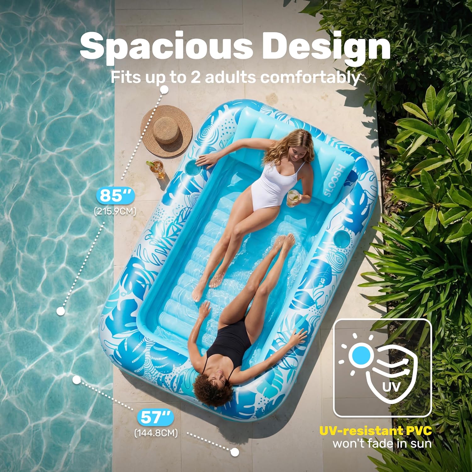 Inflatable Tanning Pool Lounger Float, 85" x 57" Extra Large Pool Floats Adult with Pillow, 4 in 1 Suntan Tub Raft