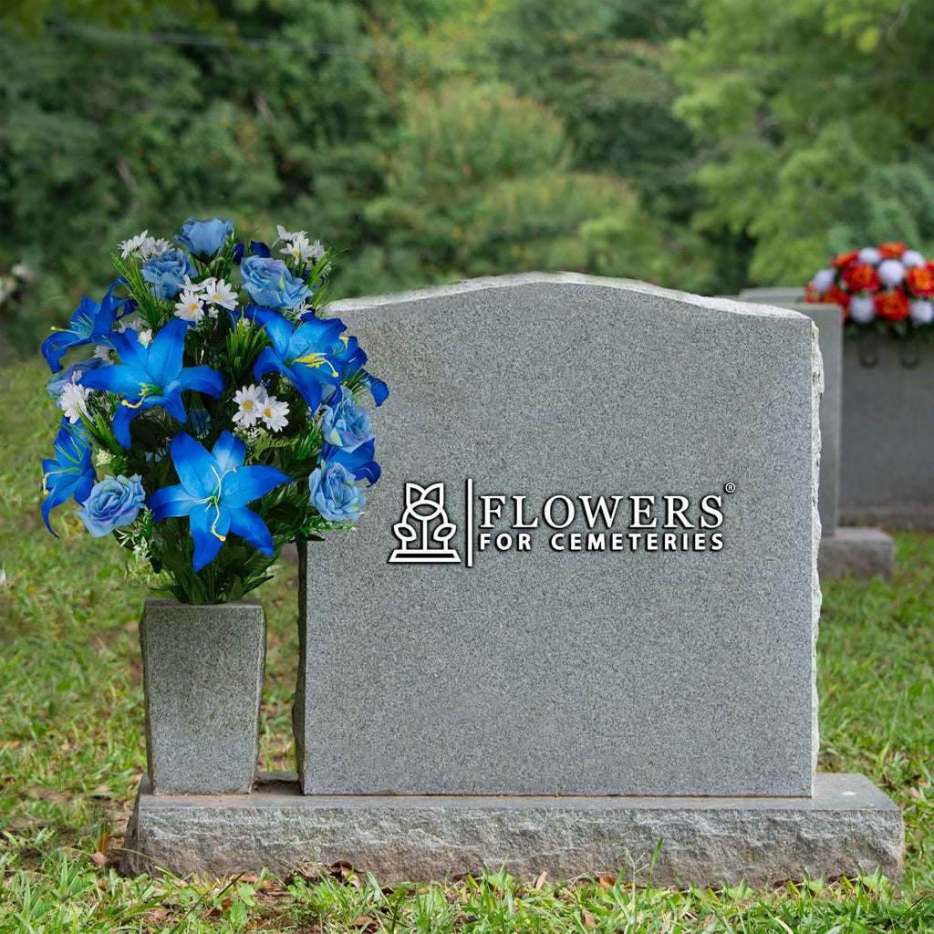 Artificial Cemetery Flowers - Gravesite Flowers - Blue Lily and Rose with White Daisies