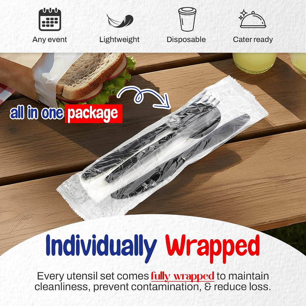 Black Individually Wrapped Plastic Cutlery Set - Disposable Heavy Weight Utensils - Pack of 50