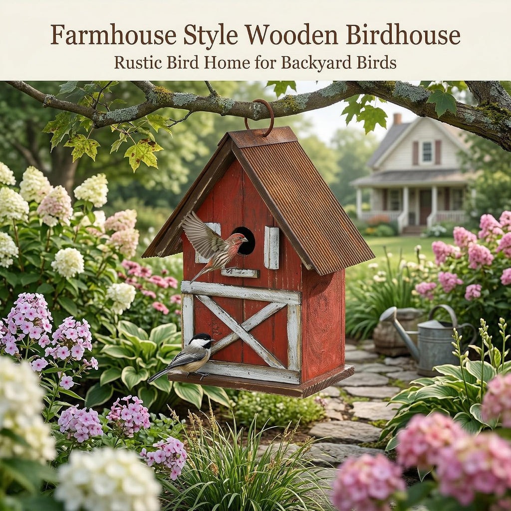 Rustic Barn-Style Wooden Birdhouse, 10.5" Hanging Bird House