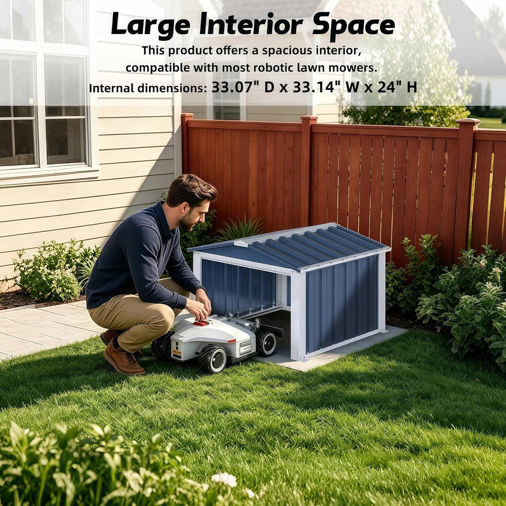Metal Robot Mower Garage, 3 x 3 FT, Blue | Open-front steel shelter for robotic mowers; 33.07"D x 33.14"W x 24"H