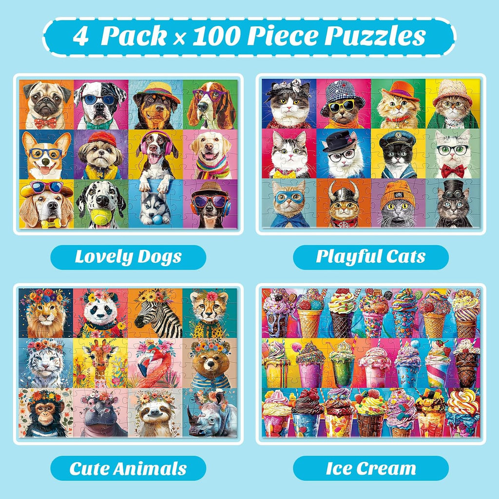 4-Pack 100 Piece Puzzles for Kids Ages 6-8 8-10 - Large Piece Puzzles for Adults Seniors Kids,Dogs Cats Ice Cream