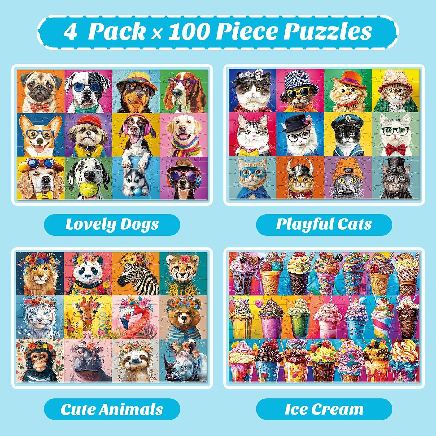 4-Pack 100 Piece Puzzles for Kids Ages 6-8 8-10 - Large Piece Puzzles for Adults Seniors Kids,Dogs Cats Ice Cream
