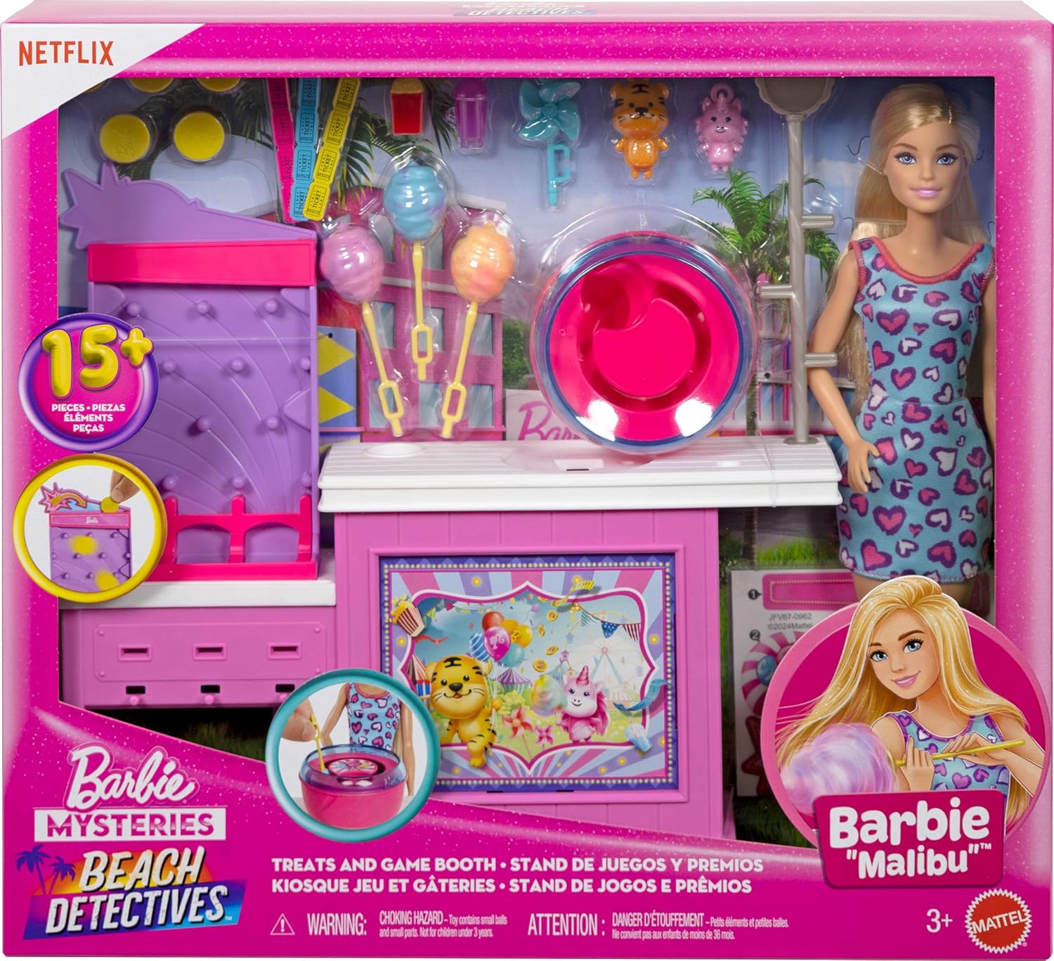 Barbie Mysteries: Beach Detectives Malibu Doll & Cotton Candy Game Booth Playset with 20 Accessories Including Prizes