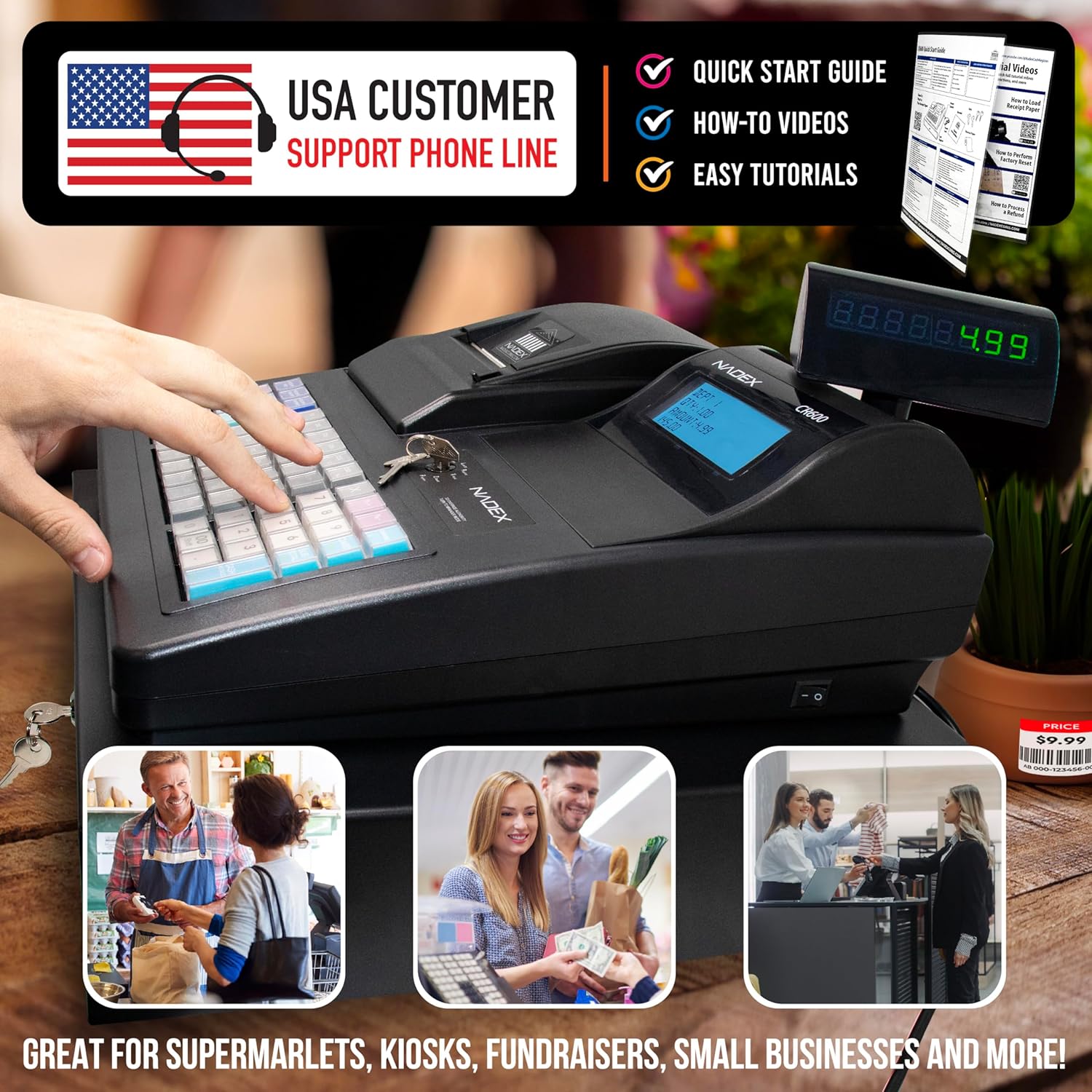 CR600 Cash Register, 9500 PLU Lookups 60 Dept 50 Clerks, 5 Bill 8 Coin Compartments 2 Check Slots Heavy Duty Steel