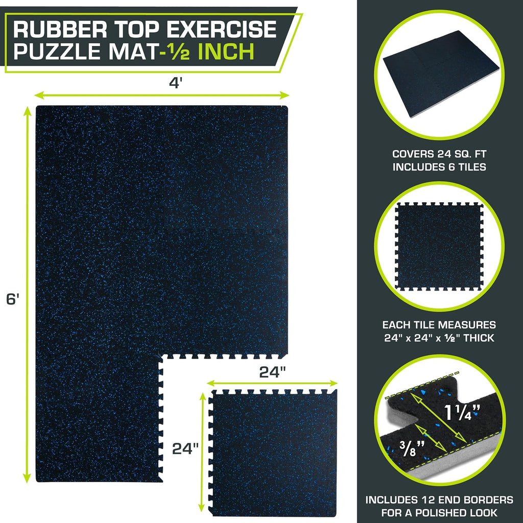 Fit Rubber Top Exercise Puzzle Mat ½-inch, EVA Foam, Protective Interlocking Tiles for Home Gym Equipment and