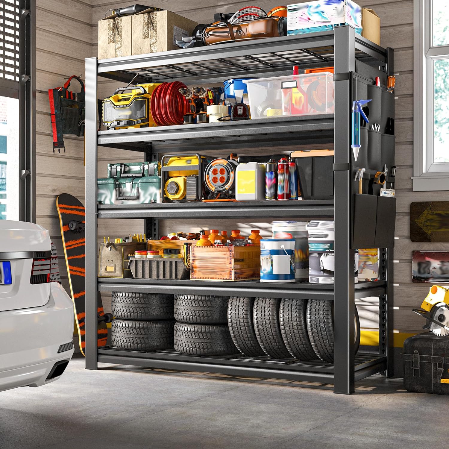 Storage Shelves,Heavy Duty Garage Shelving Load 2500LBS,5-Tier Metal Shelving Units with Tool Storage Bag, Adjustable