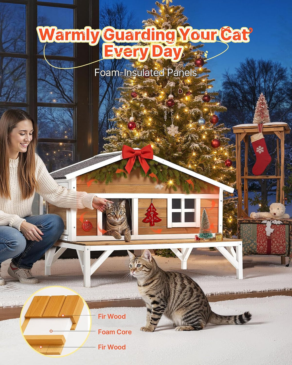 Insulated Cat House, All-Around Foam Insulation Elevated Cat Shelter, Wooden Feral Kitty Shelter with Large Platform