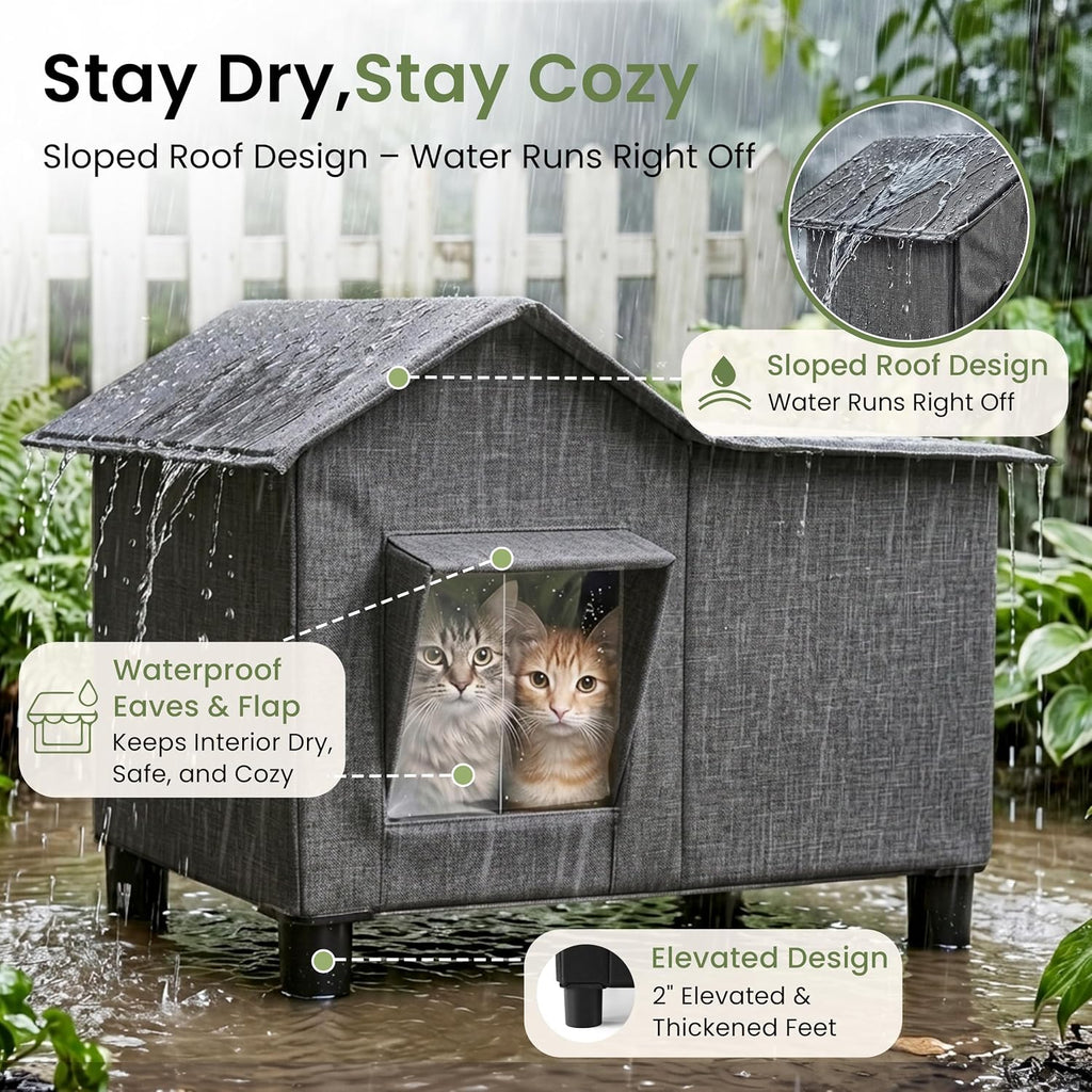 Outdoor Cat House Weatherproof Elevated Cat Bed, Grey, Large