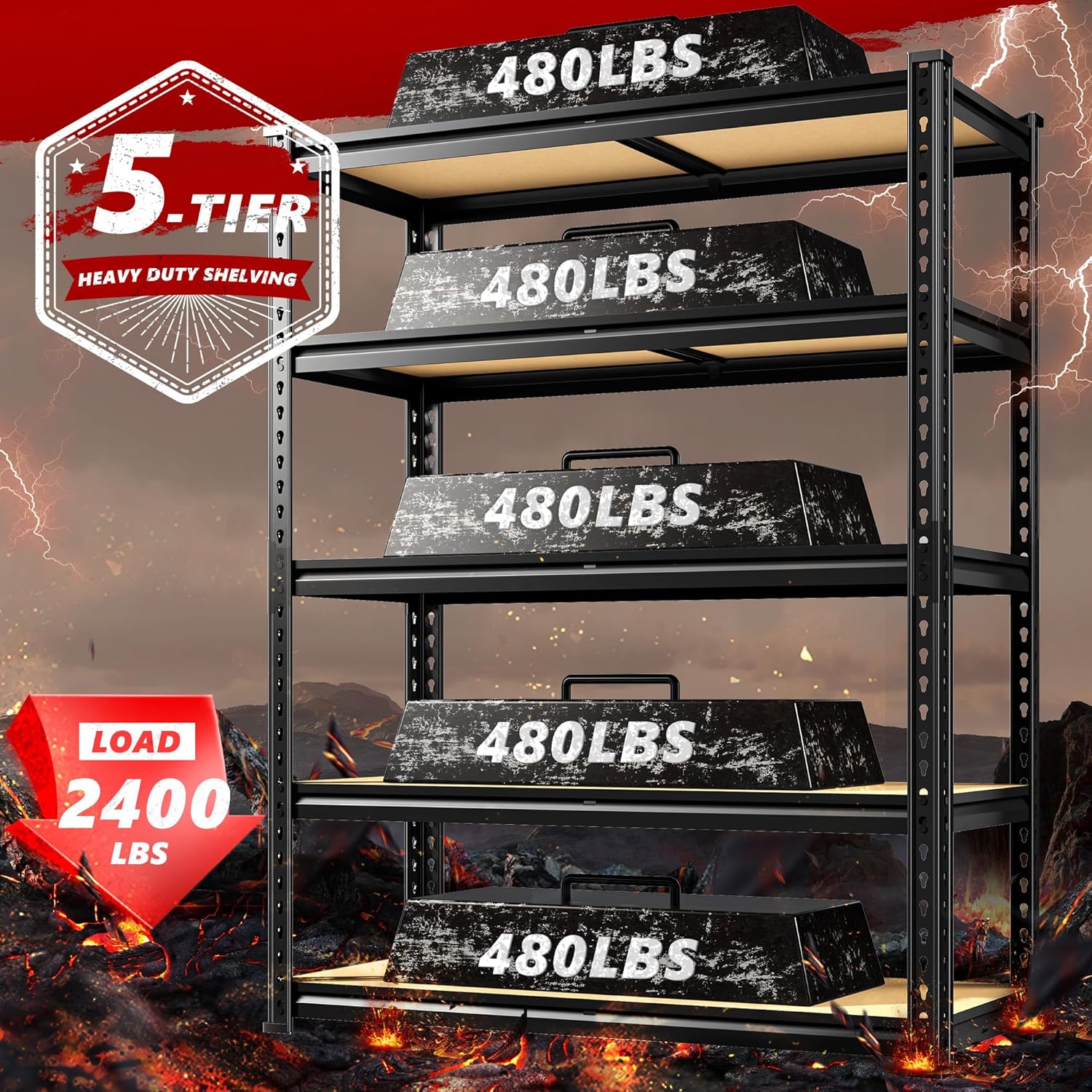 2400LBS Storage Shelves 5 Tier Garage Shelving Heavy Duty Adjustable Garage Shelves, Utility Rack Shelf, Shelving