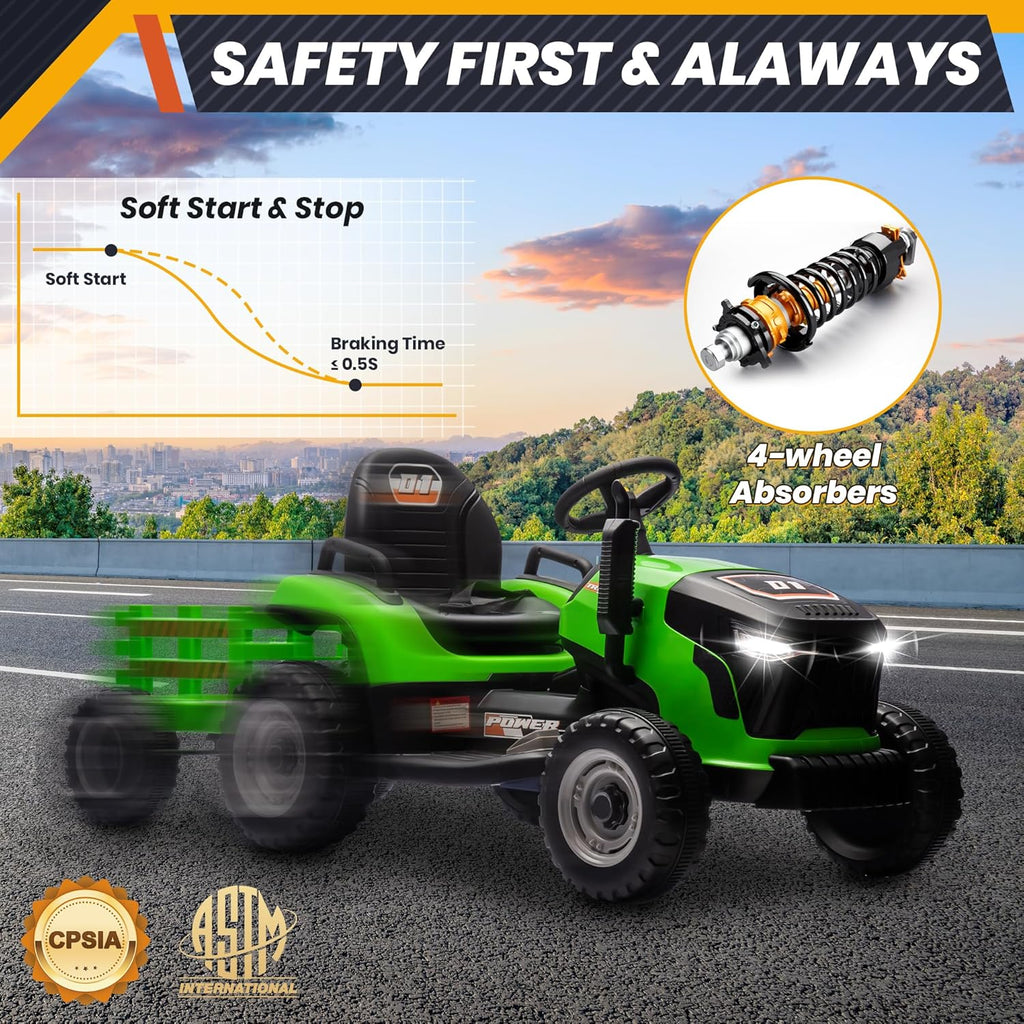 24V 7Ah Ride On Tractor w/Tiltable & Detachable Trailer, MOEYURO Kids Electric Vehicles Tractor w/400W Motors