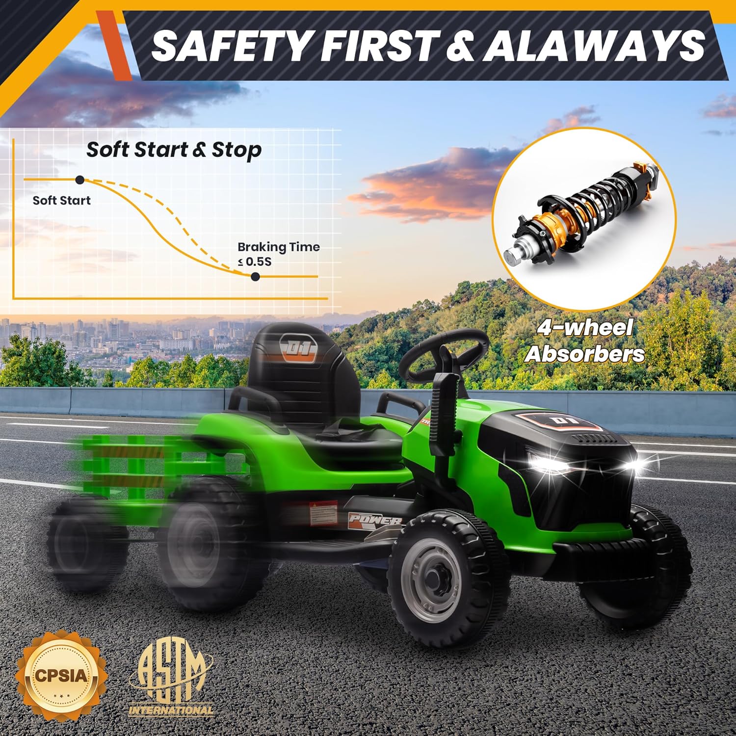24V 7Ah Ride On Tractor w/Tiltable & Detachable Trailer, MOEYURO Kids Electric Vehicles Tractor w/400W Motors