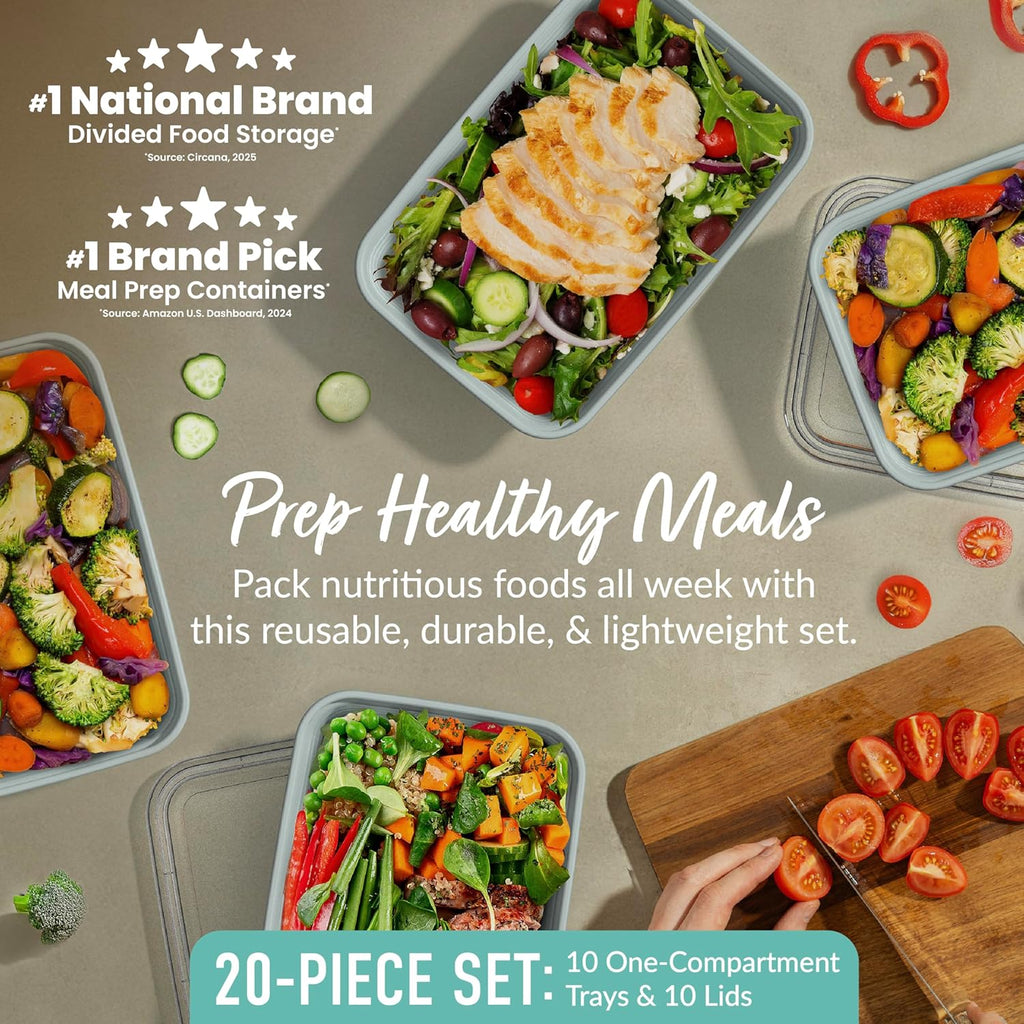 Prep - 20-Piece 1-Compartment Reusable Meal Prep Containers with Lids, PFAS & BPA Free Materials, Durable, Microwave