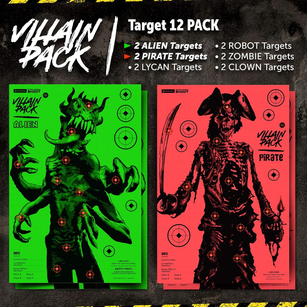 Villain Shooting Targets - 12 Pack Paper Targets - 2X Each Monster - Indoor/Outdoor, Backyard Range Fun for All BB