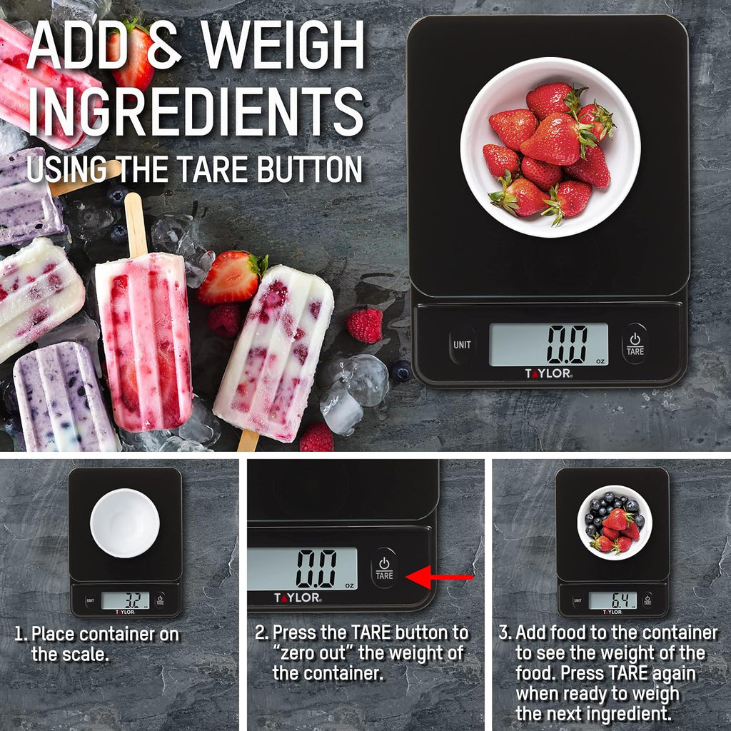 Digital Kitchen Food Scale with Black Glass Top - 11 lb Max Capacity