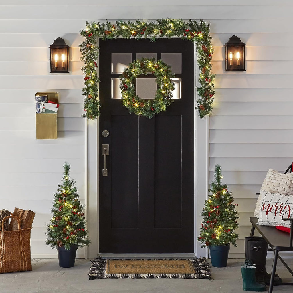 Pre-Lit Everyday Collection Christmas Decoration Set | LED Lights, Includes 2 Mini Christmas Trees,1 Wreath, And 1