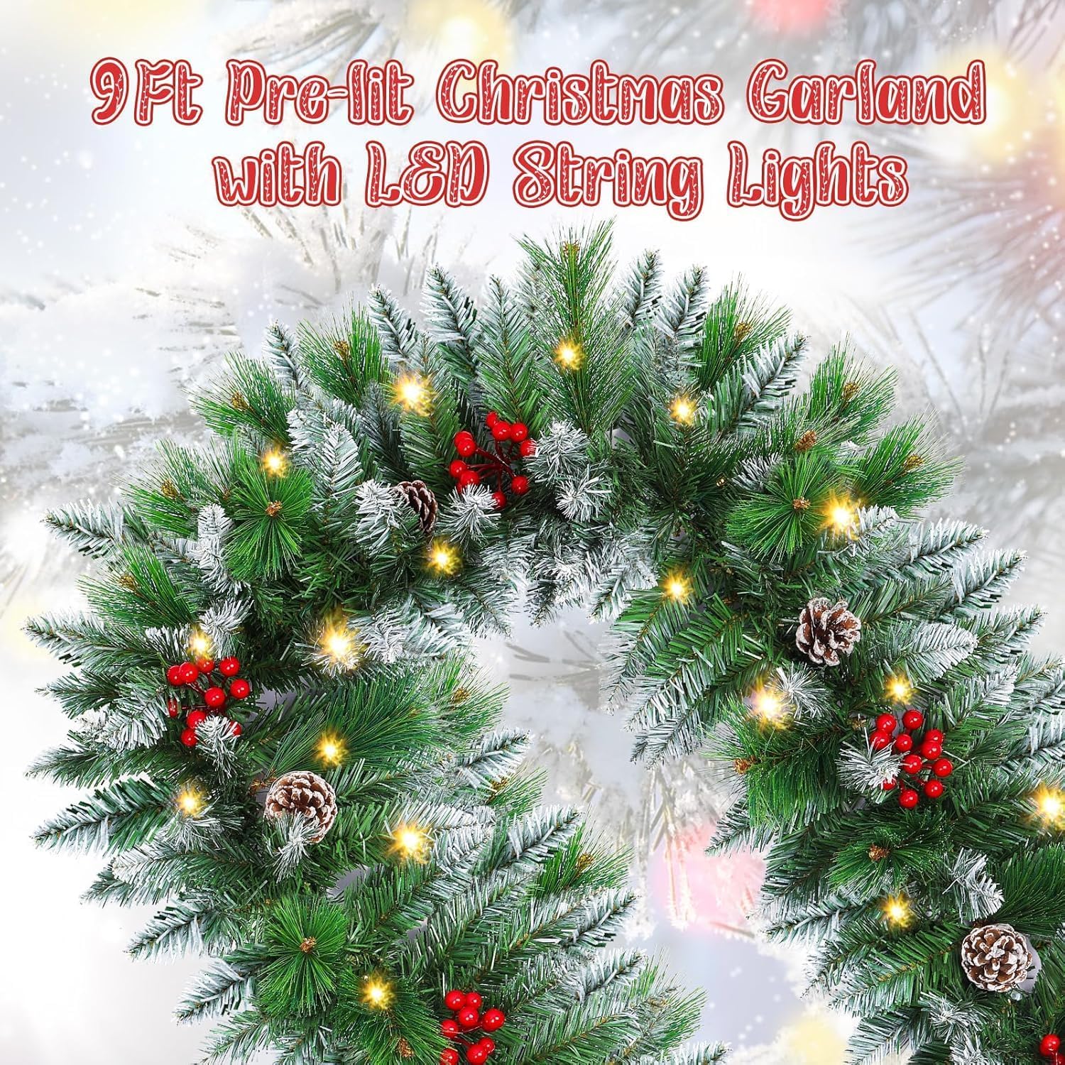 Christmas Garlands,2.7M/ 9FT Christmas Garland,Christmas Garland with Lights, and Berries