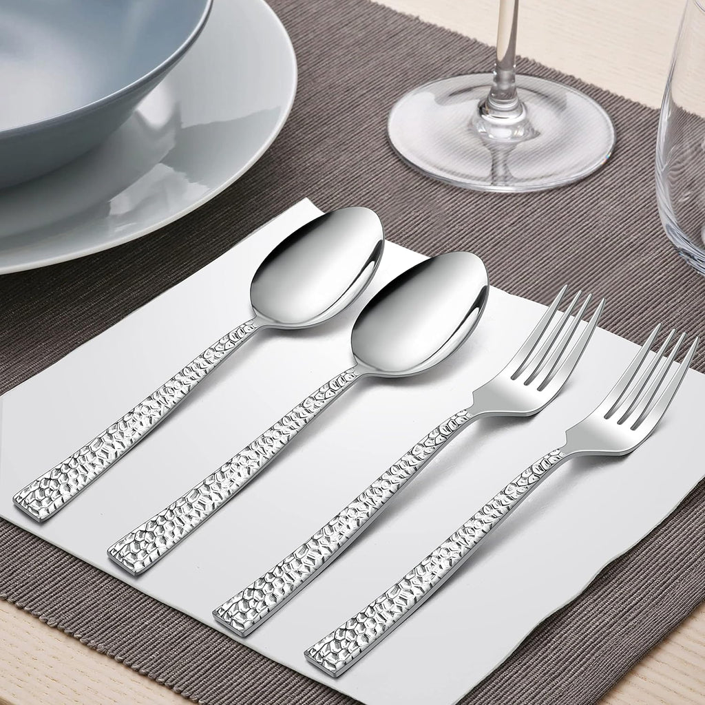 Hammered Silverware Set, 60-Piece Stainless Steel Flatware for 12, Modern Eating Utensils Tableware Cutlery for
