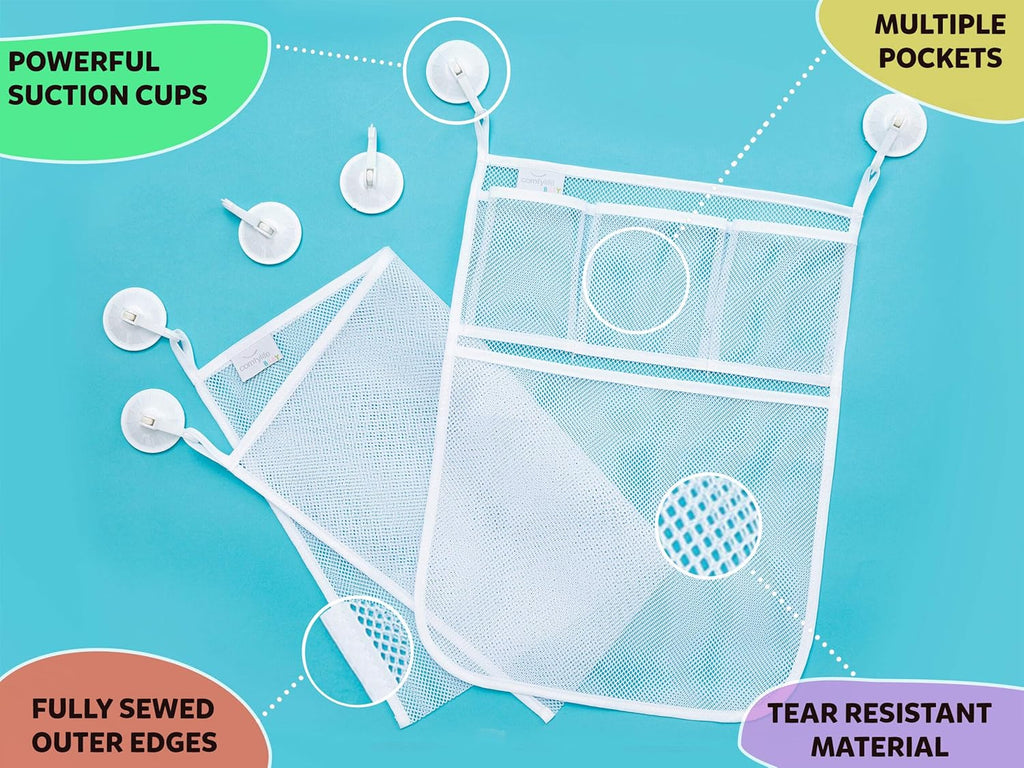 2 x Mesh Bath Toy Organizer + 8 Ultra Strong Hooks – The Perfect Bathtub Toy Holder & Bathroom or Shower Caddy –