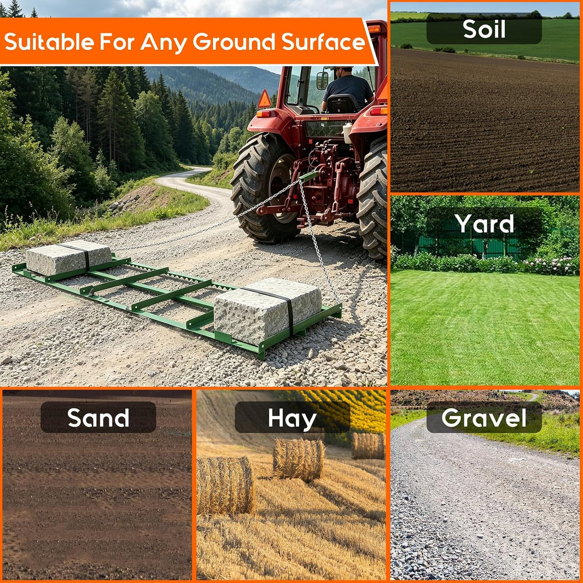 Drag Harrow, 6 ft Heavy Duty Tow Behind Drag Harrow w/ Tine Toothed Structure, Driveway Grader Landscape Rake for