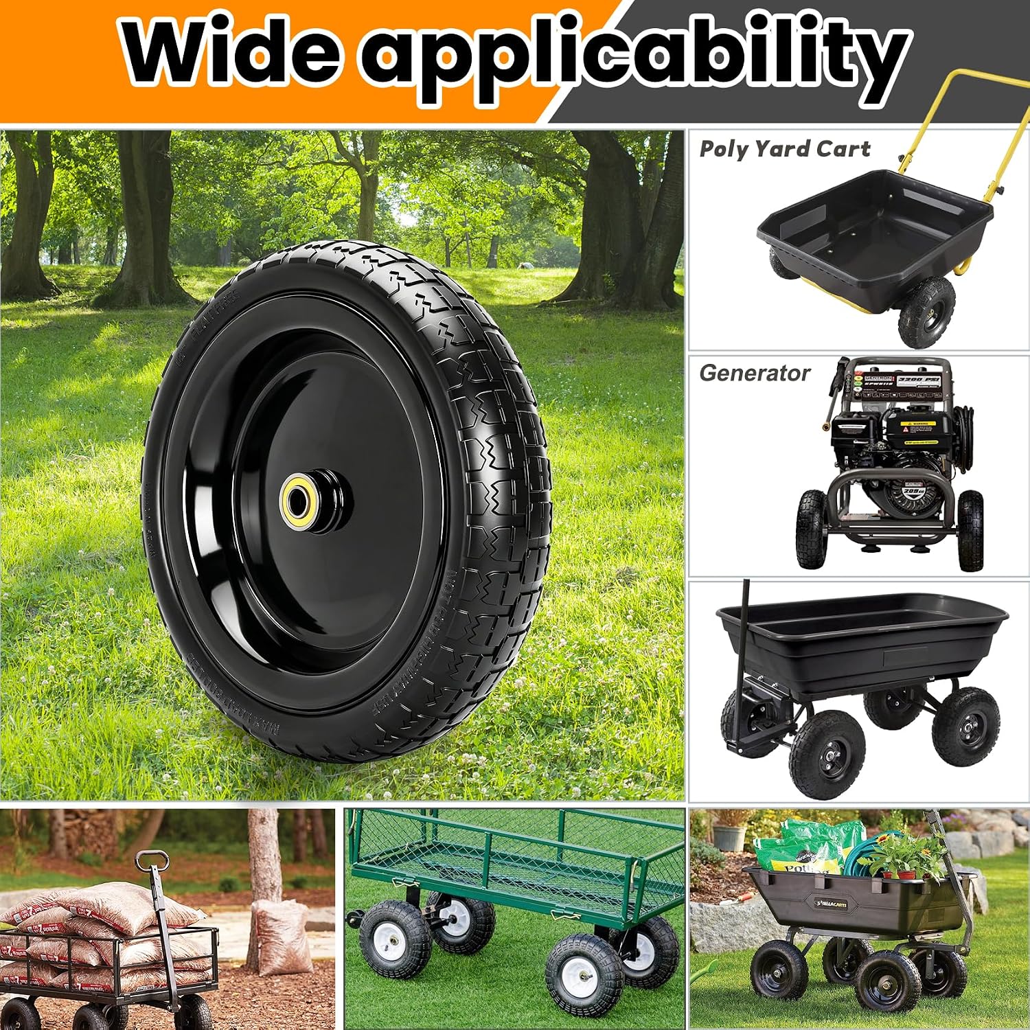 13" Flat Free Wheels Replacement for GOR Garden Cart Tires, 4.00-6 Solid Tires with 5/8"Bearings, 13" No Flat Wheels