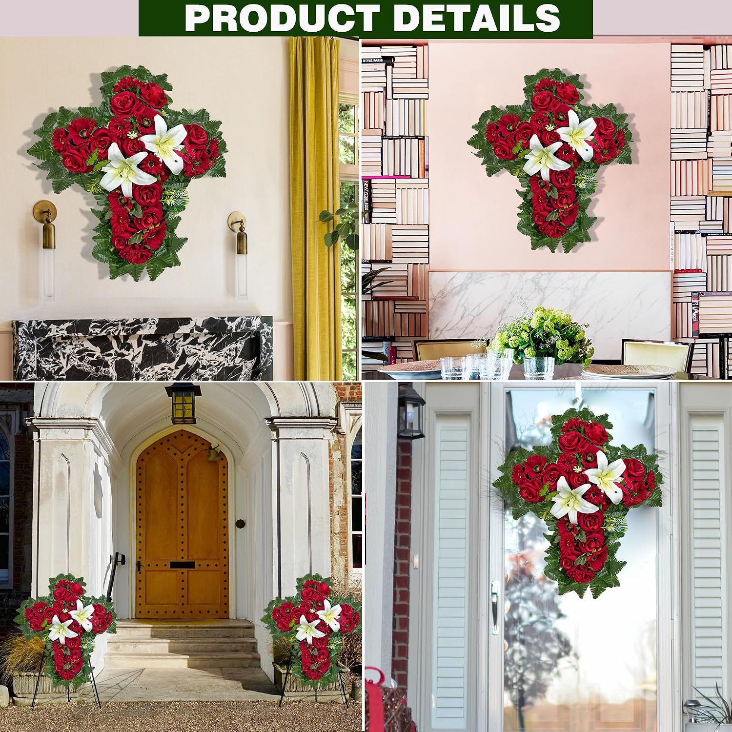 Cemetery Flower for Grave Decorations, Memorial Floral Cross with Easel Stand,Headstone Wreath-Red Rose