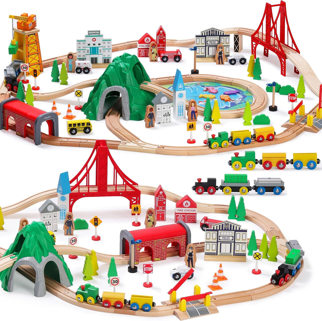 112-Piece Wooden Train Set for Toddler – Double-Sided Train Tracks, Compatible with Brio, Thomas, Melissa & Doug –