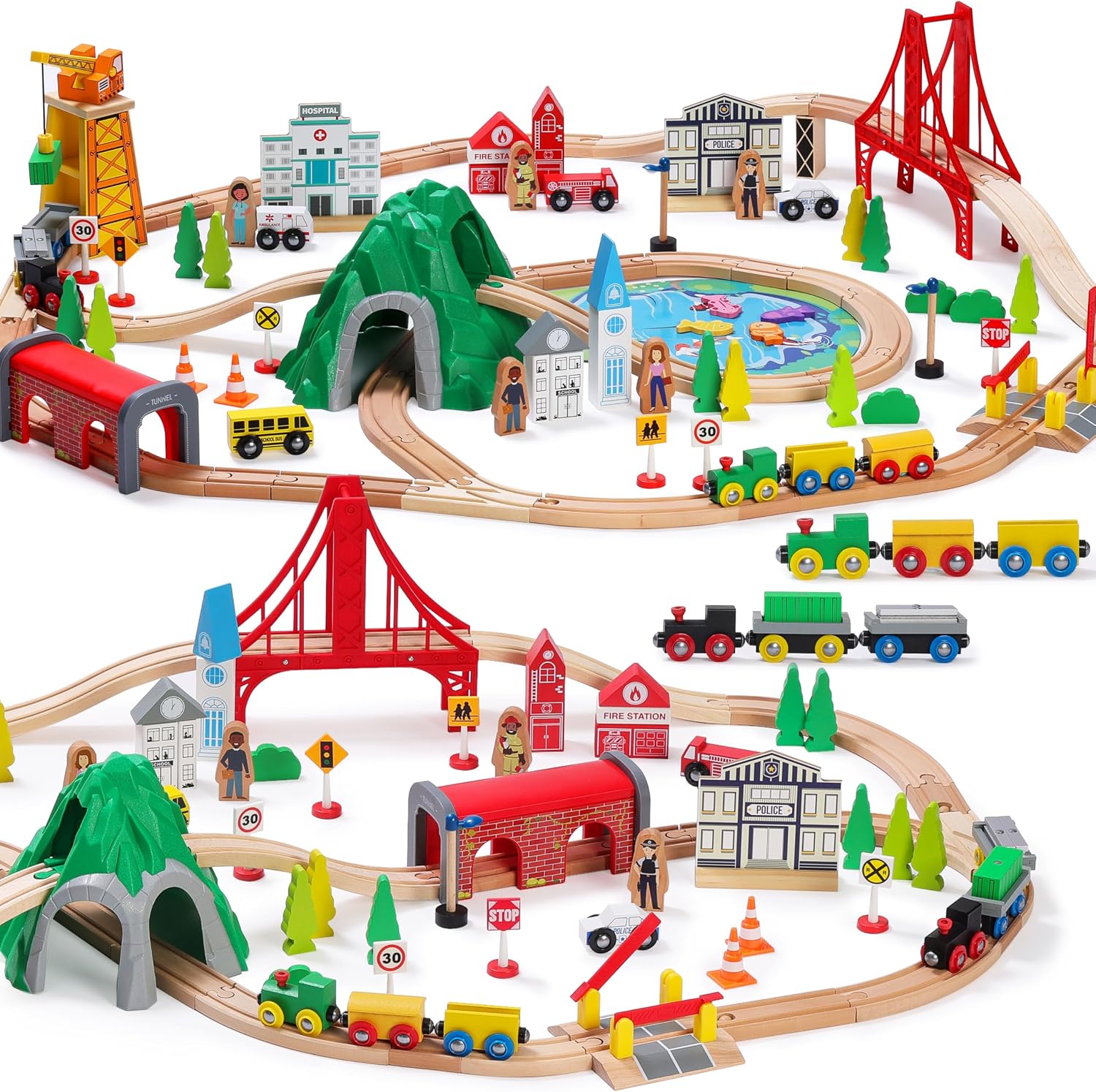 112-Piece Wooden Train Set for Toddler – Double-Sided Train Tracks, Compatible with Brio, Thomas, Melissa & Doug –