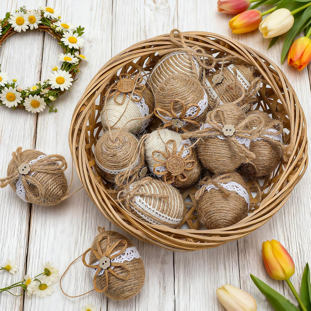 12 Pcs Farmhouse Burlap Easter Egg Ornaments Rustic Linen Rope Hanging Easter Eggs with Lace Wooden Button, Handmade