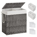 Laundry Hamper with Lid, 110L Double Wicker Basket, 6 Mesh Bags