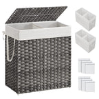 Laundry Hamper with Lid, 110L Double Wicker Basket, 6 Mesh Bags