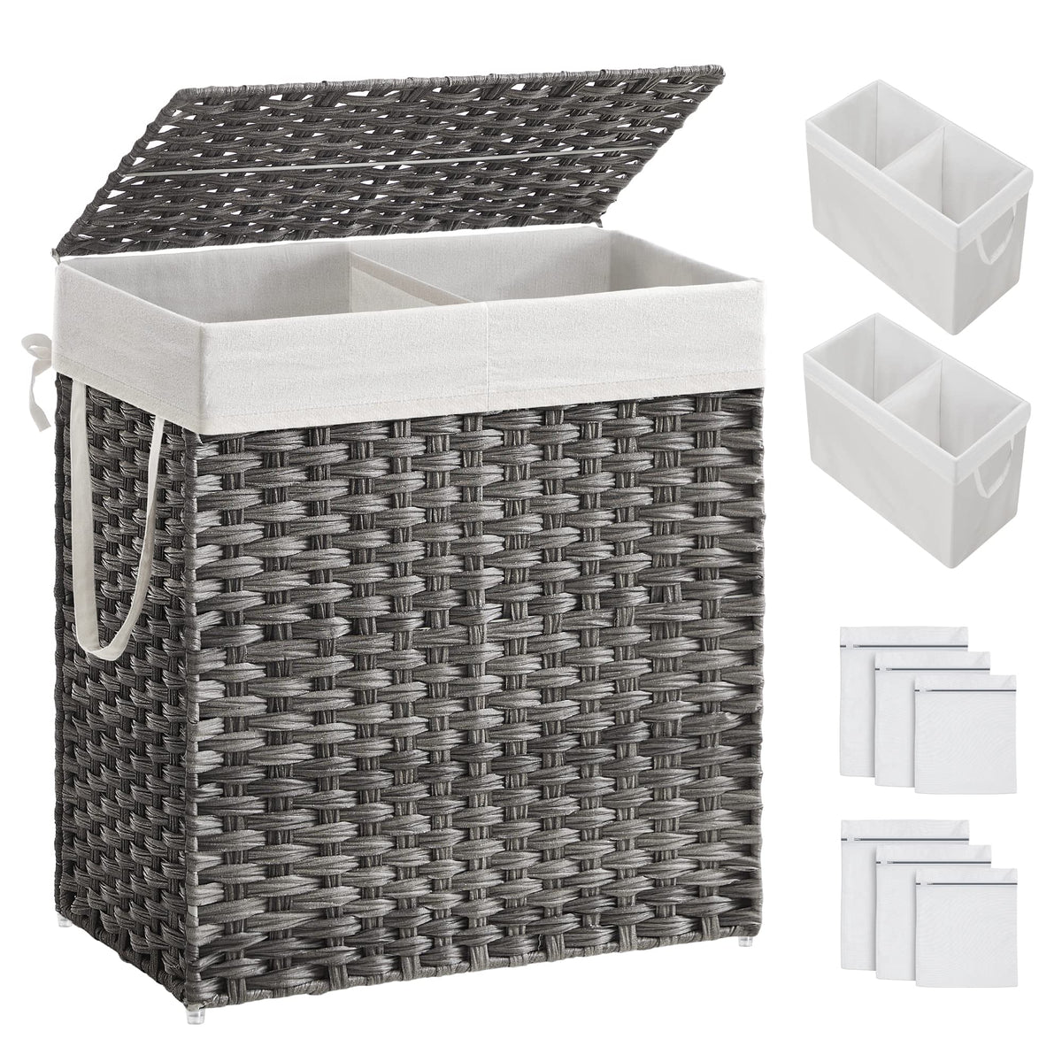 Laundry Hamper with Lid, 110L Double Wicker Basket, 6 Mesh Bags