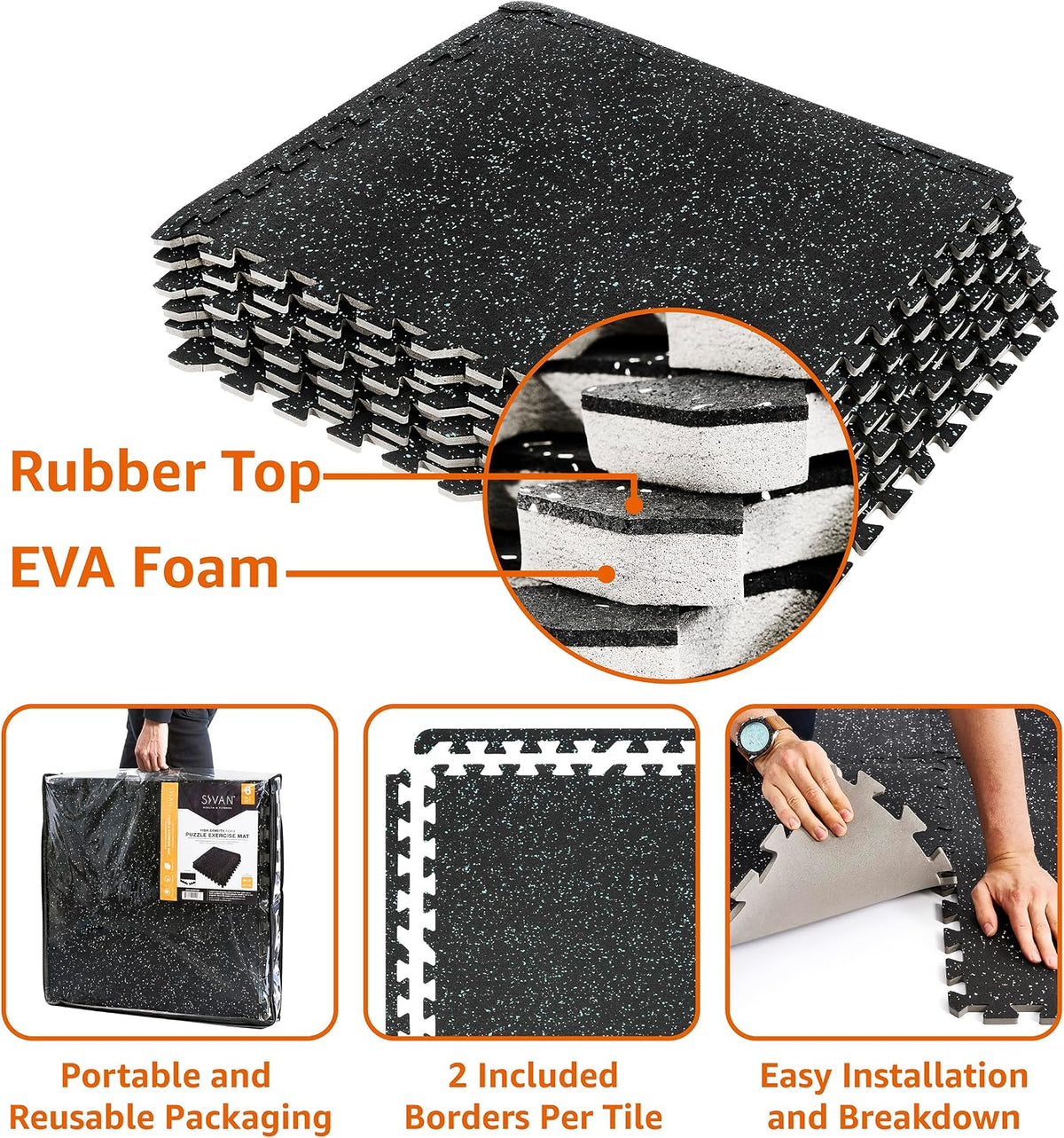 Sivan Fitness 1/2" Thick Rubber Top High-Density EVA Foam Gym Flooring for Home Gym - 48 Sq Ft Exercise Mat Tiles for