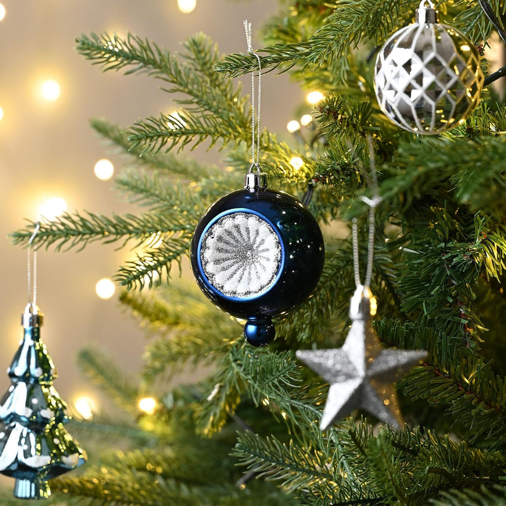 Christmas Ornaments Set, 100ct Navy Blue and Silver Shatterproof Christmas Tree Decorations Ball Ornaments Bulk